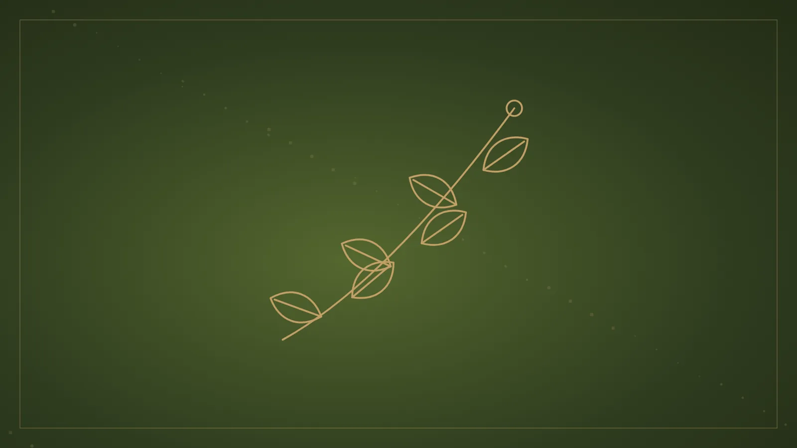 Ilustração de um ramo florido em traço dourado sobre fundo verde-oliva