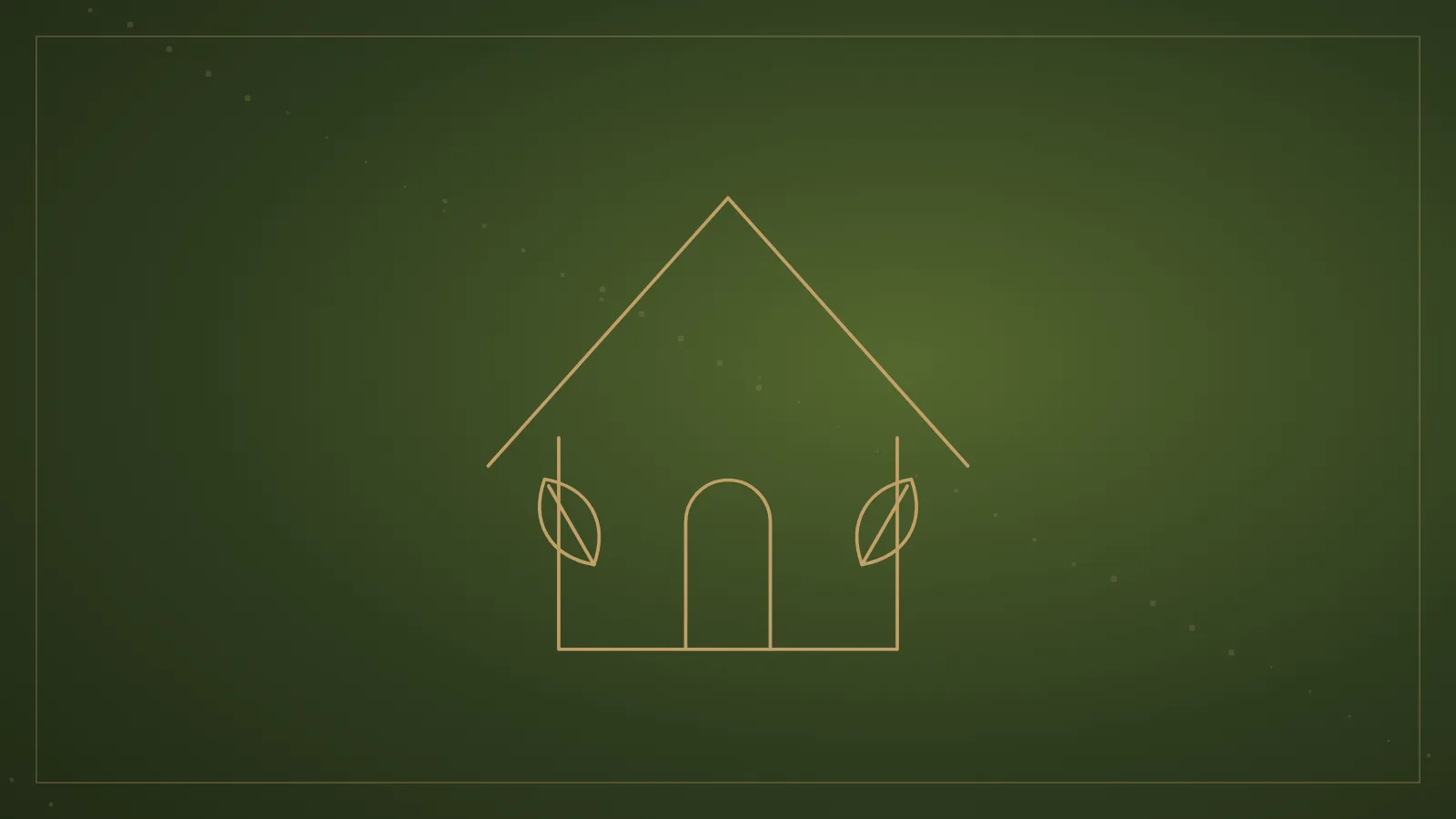 Ilustração de uma casa com folhas em traço dourado sobre fundo verde-oliva