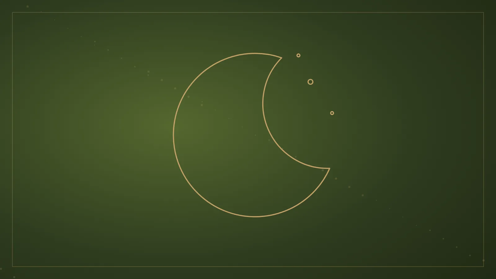 Ilustração de uma lua crescente em traço dourado sobre fundo verde-oliva