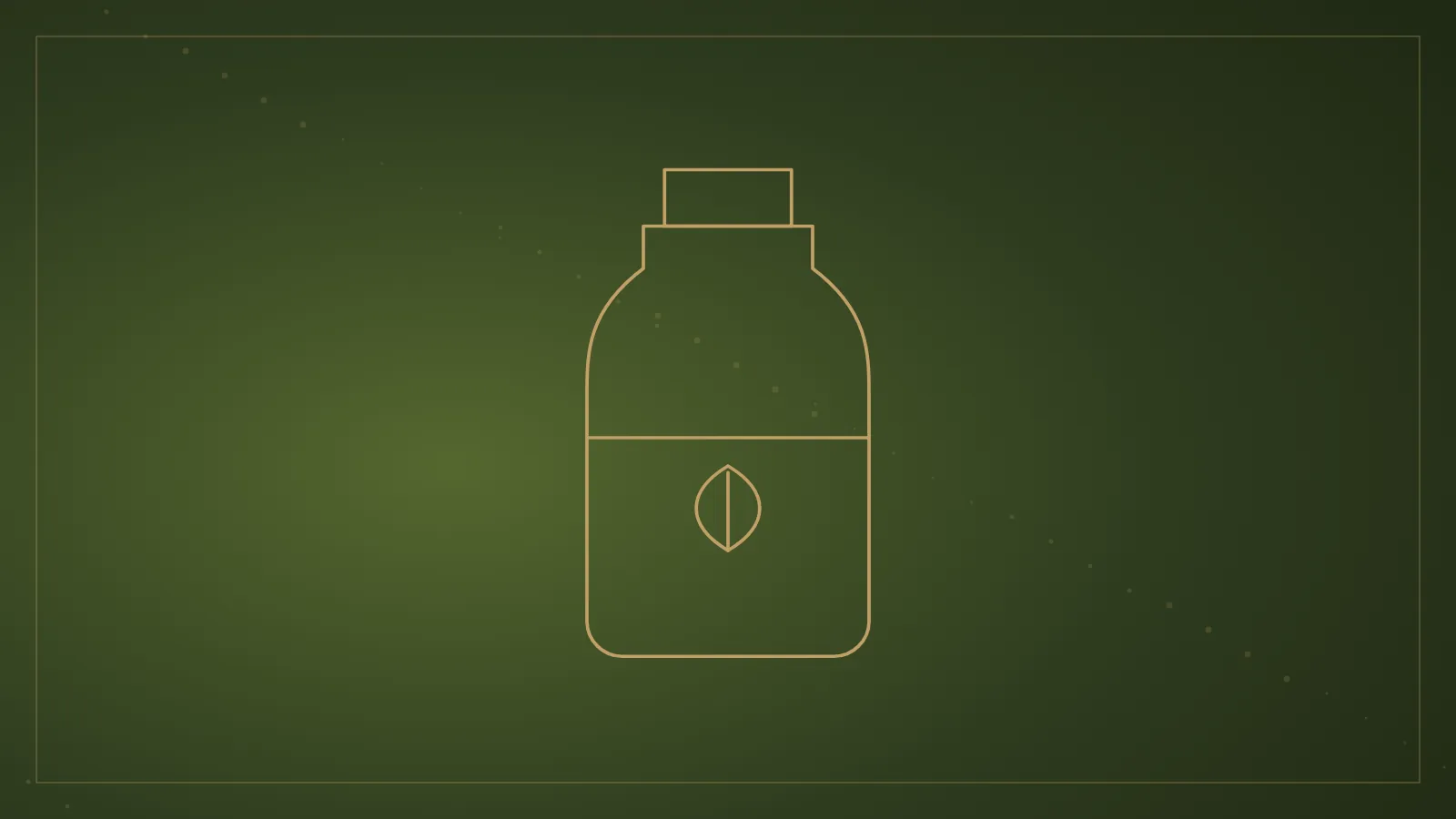 Ilustração de um frasco em traço dourado sobre fundo verde-oliva